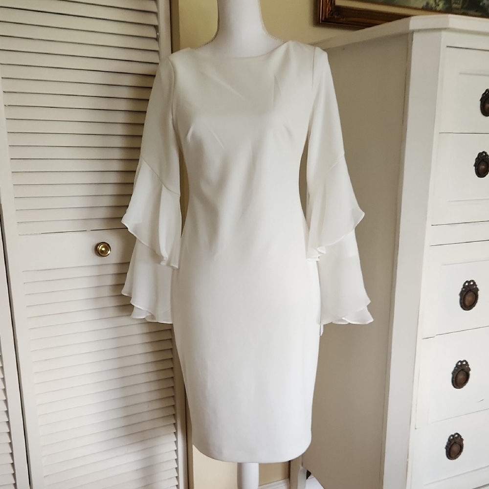 NWT Calvin Klein Ivory Sheath Cocktail Dress Tiered Chiffon Sleeves 4 Coquette